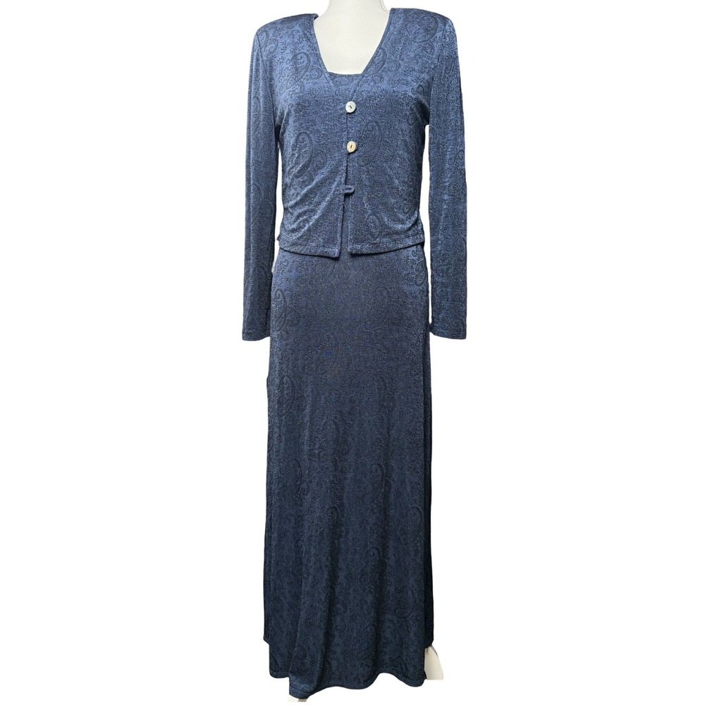 VTG Nina Piccalino 2 Pc Dress Set Womens 8‎ Blue Paisley Maxi Dress Cardigan USA